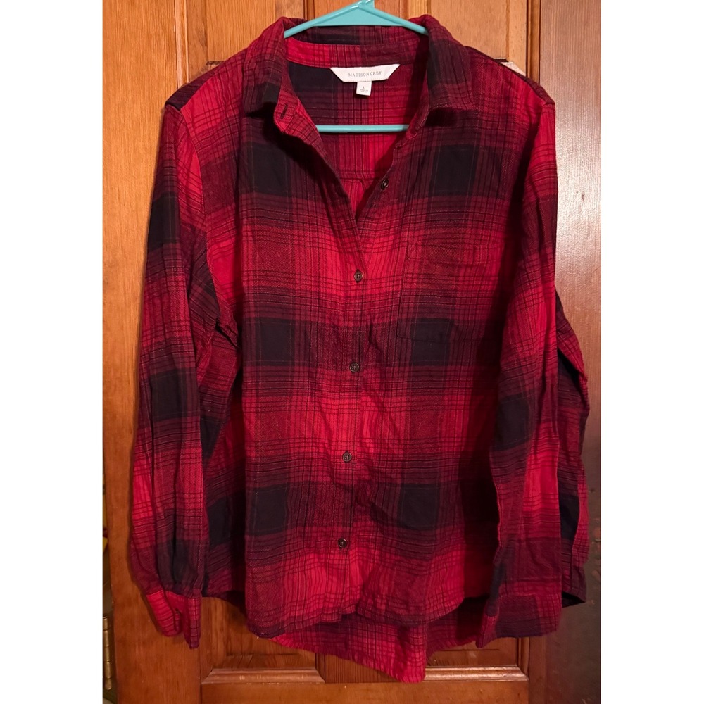 Madison Grey Red Black Plaid Flannel Button Down Shirt Large 100% Cotton